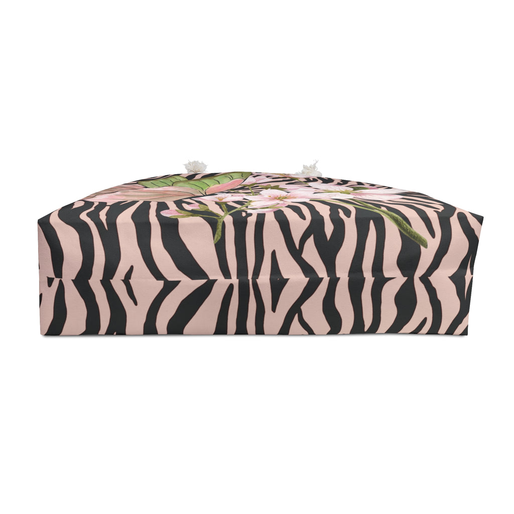 Butterfly Blossom Zebra Print Packable Oversized Multipurpose Weekender Bag, Carryall Tote, Beach Bag, Pink/Black