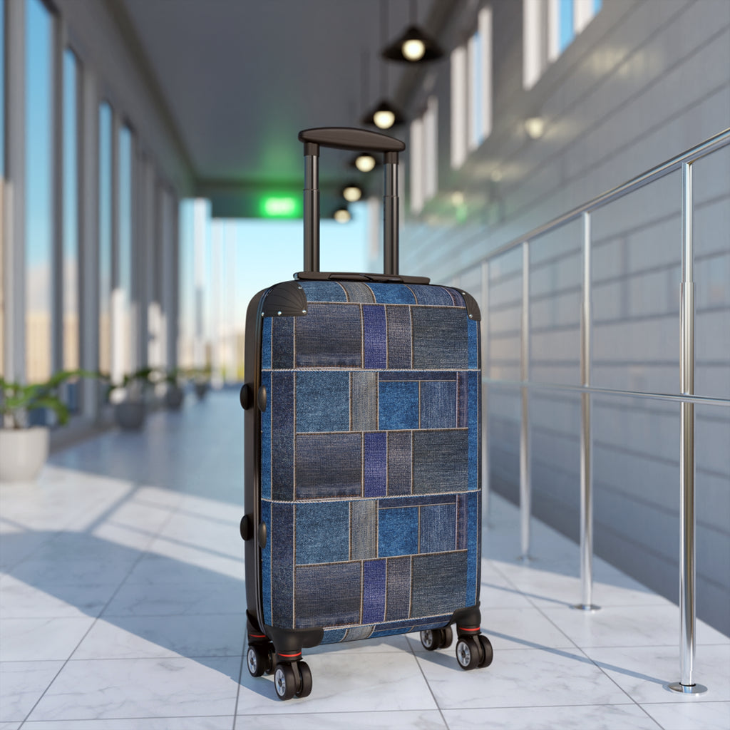Patchwork Denim Print Hard-Shell Luggage