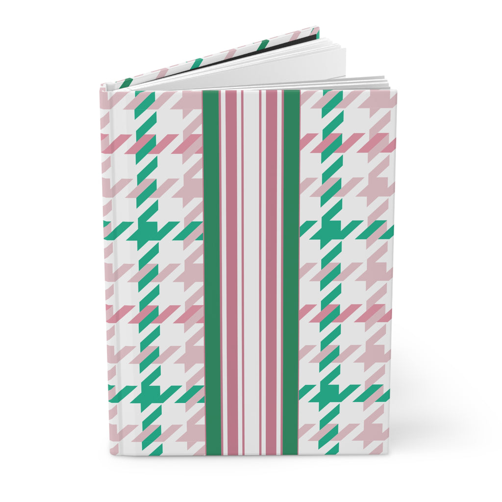 Houndstooth & Stripes Hardcover Journal Lined Notebook for Notes and Planning, Pink/Green