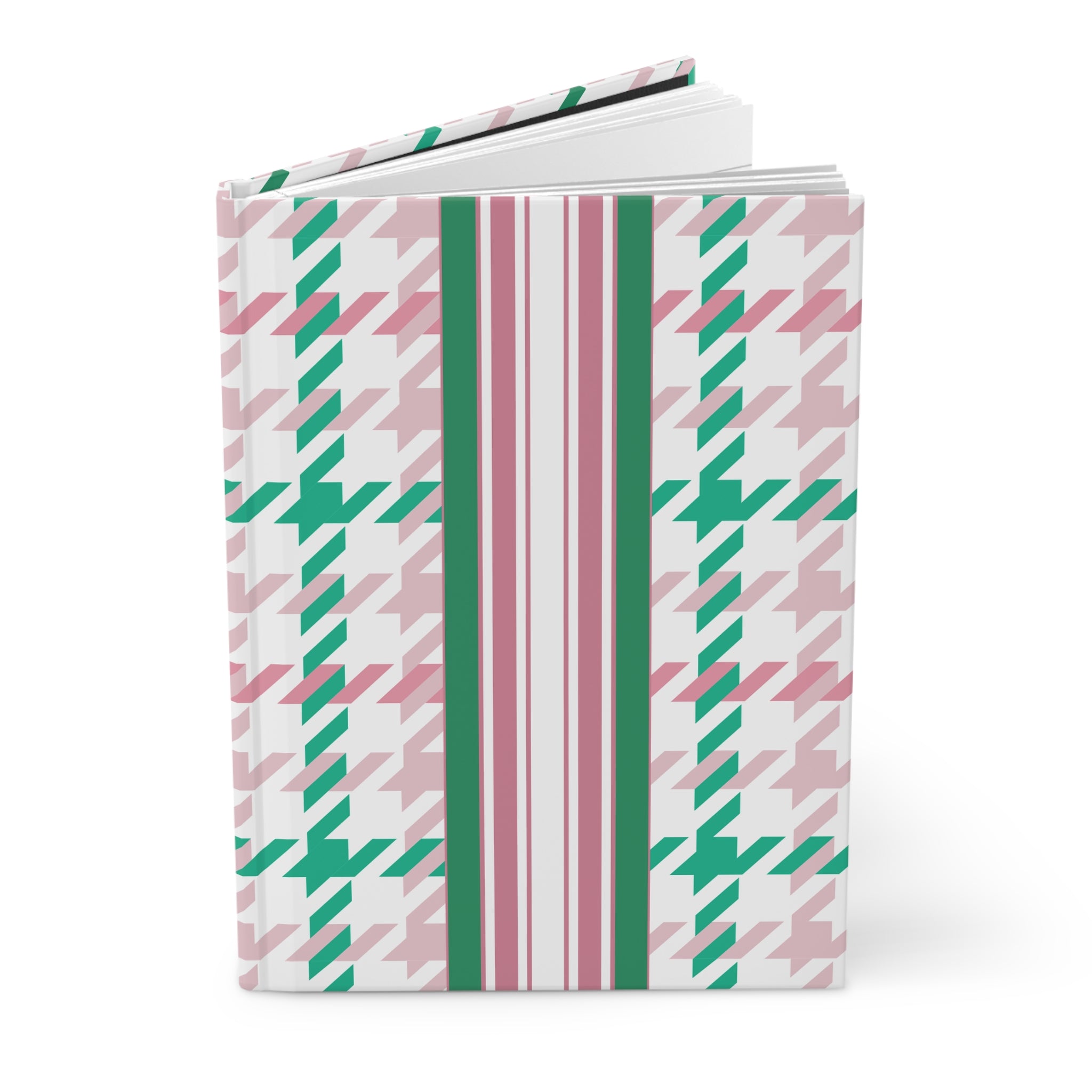 Houndstooth & Stripes Hardcover Journal Lined Notebook for Notes and Planning, Pink/Green