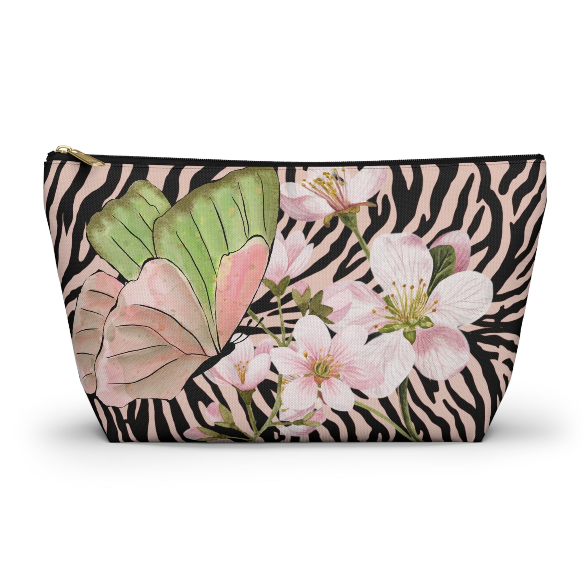 Butterfly Blossom Zebra Print T-Bottom Multipurpose Organizer Toiletry Travel Pouch, Pink/Black