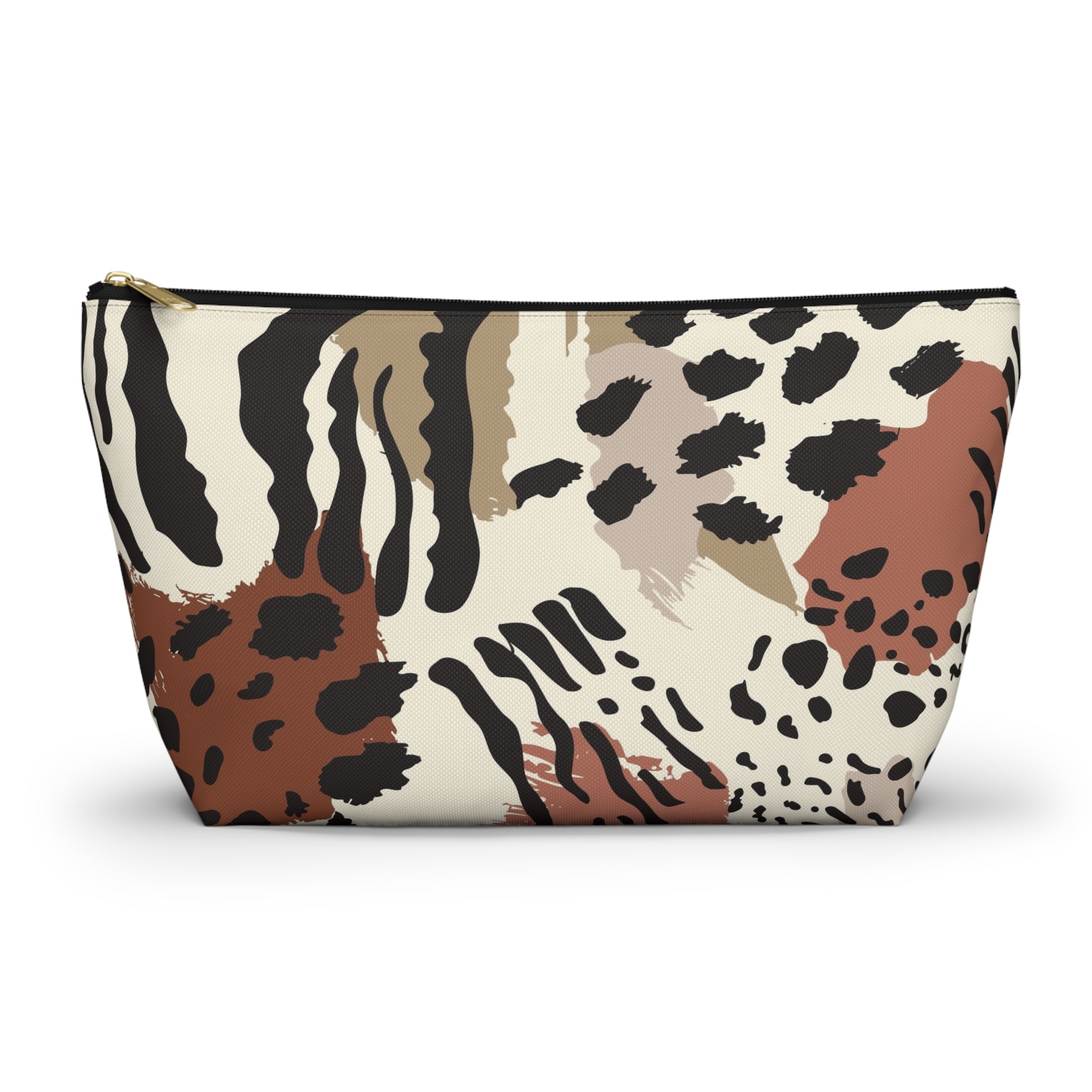 Leopard Zebra Pattern T-Bottom Multipurpose Organizer Toiletry Travel Pouch, Black/Brown/Tan