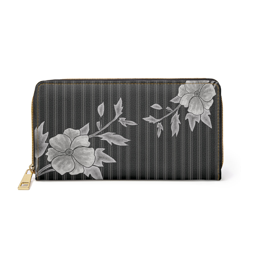 Gray Rose & Pinstripe Zipper Wallet, Black/Gray