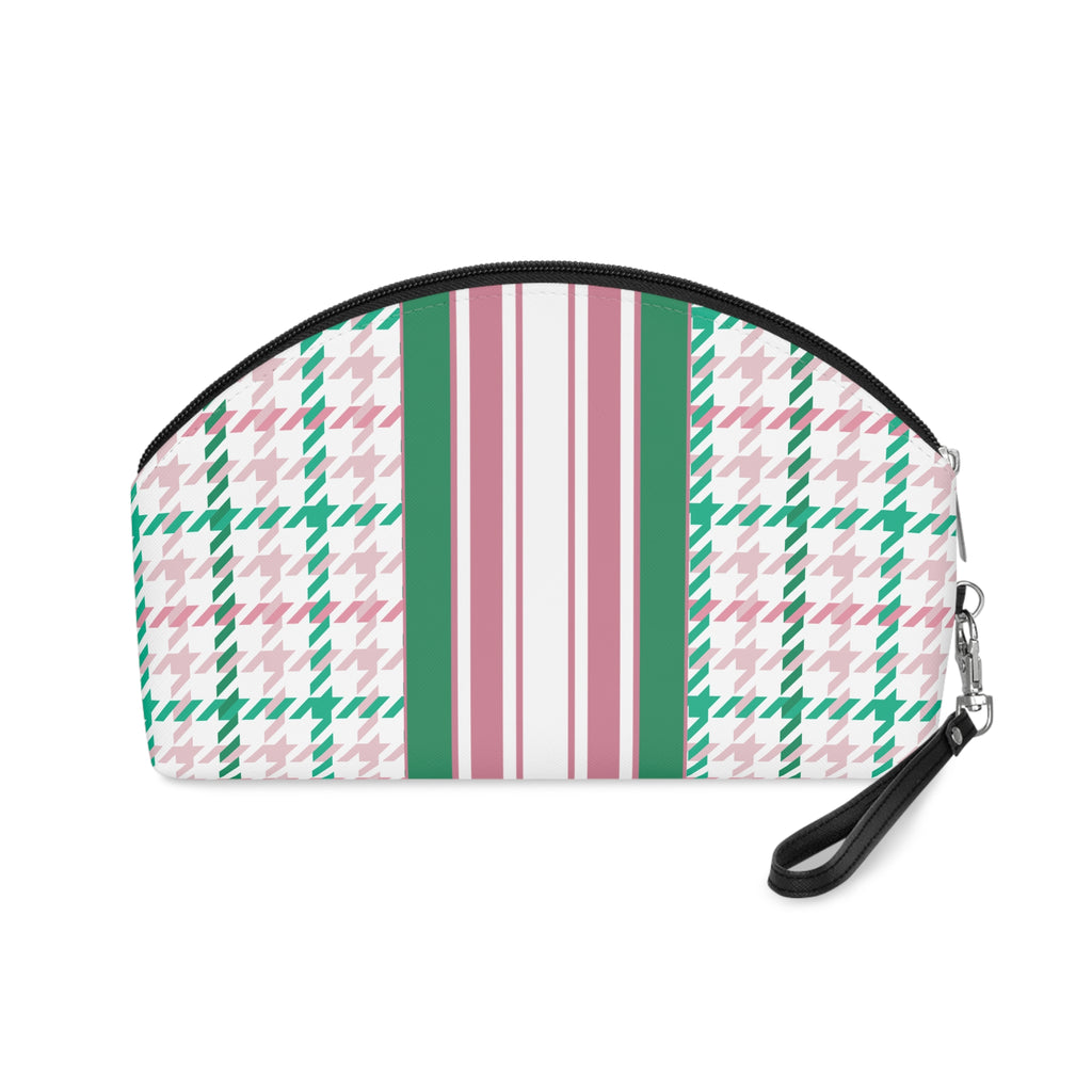 Houndstooth & Stripes Chic Makeup Bag Cosmetic Pouch, Pink/Green