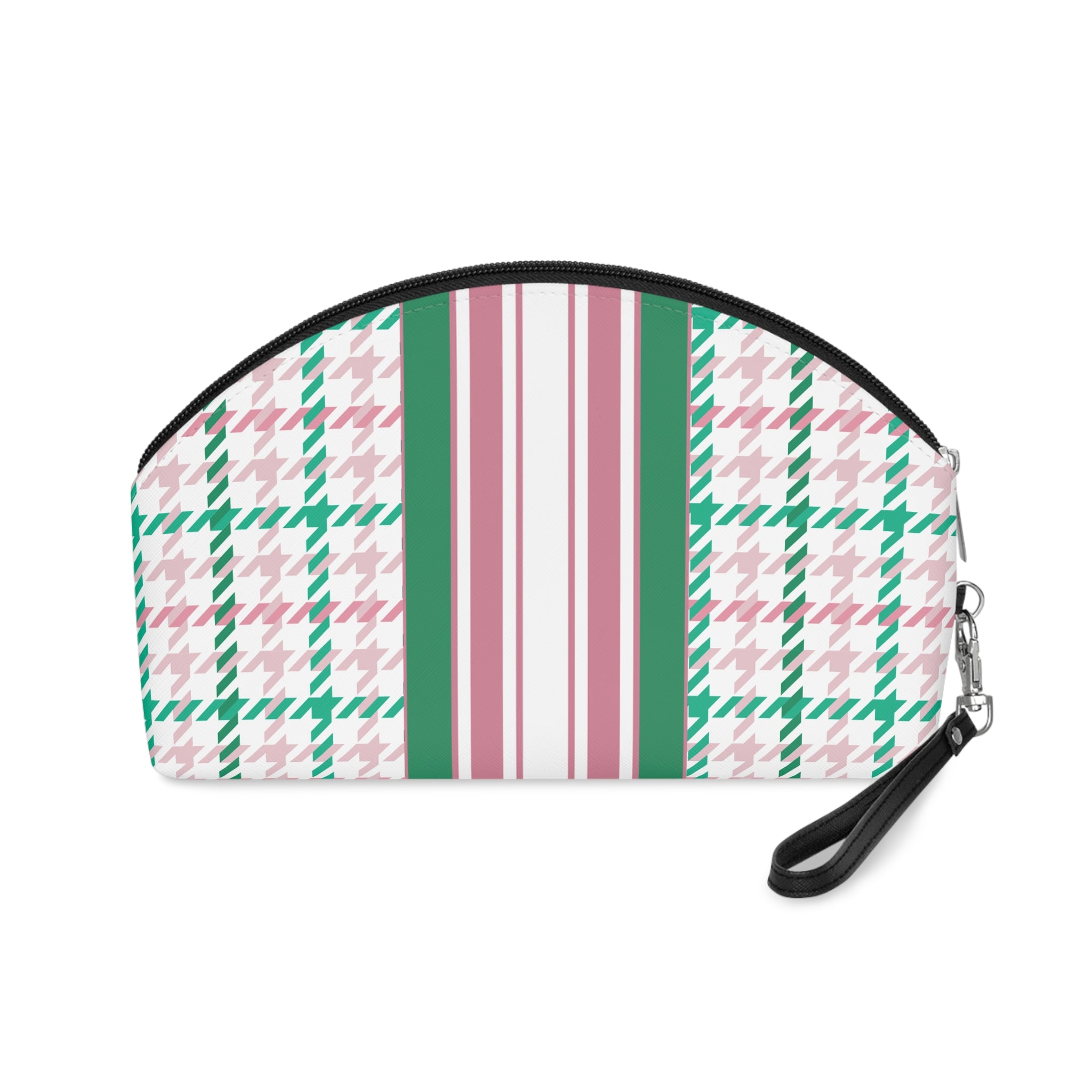 Houndstooth & Stripes Chic Makeup Bag Cosmetic Pouch, Pink/Green