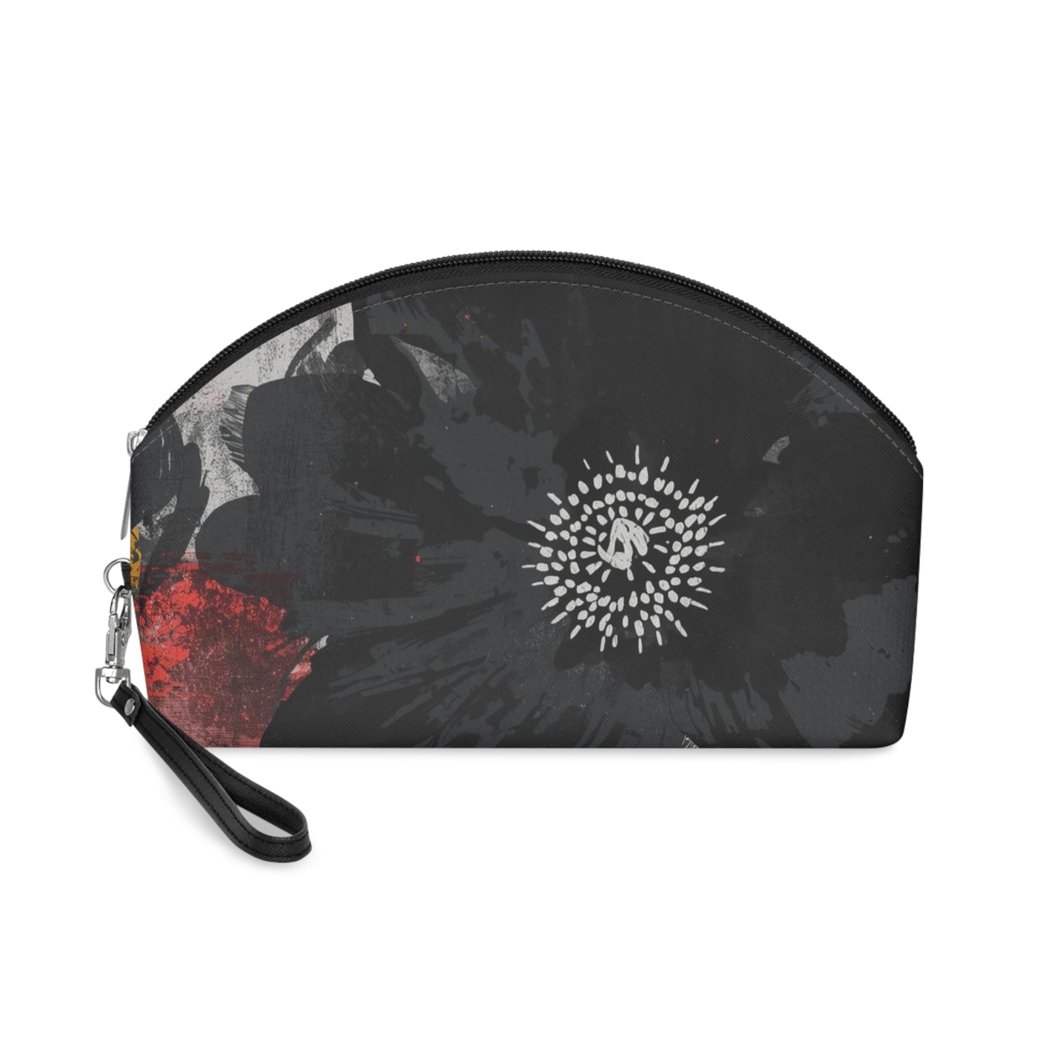 Black makeup bag with bold floral design 