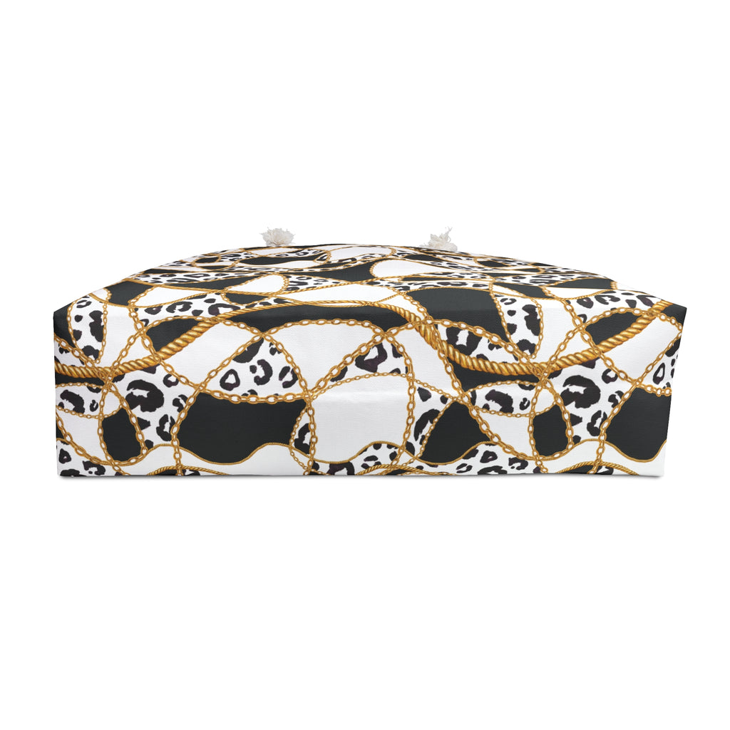 Leopard Chain Pattern Packable Oversized Multipurpose Weekender Bag, Carryall Tote, Beach Bag, Black & Gold