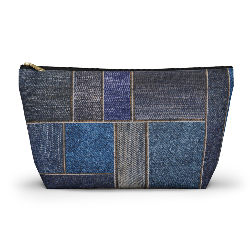 Denim Patchwork T-Bottom Multipurpose Organizer Toiletry Travel Pouch, Blue