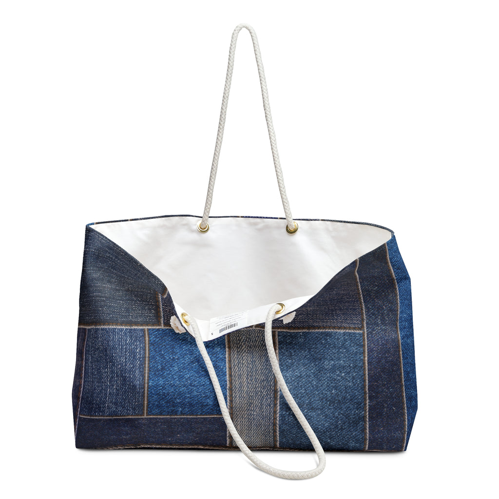 Patchwork Denim Print Packable Oversized Multipurpose Weekender Bag, Carryall Tote, Beach Bag, Blue