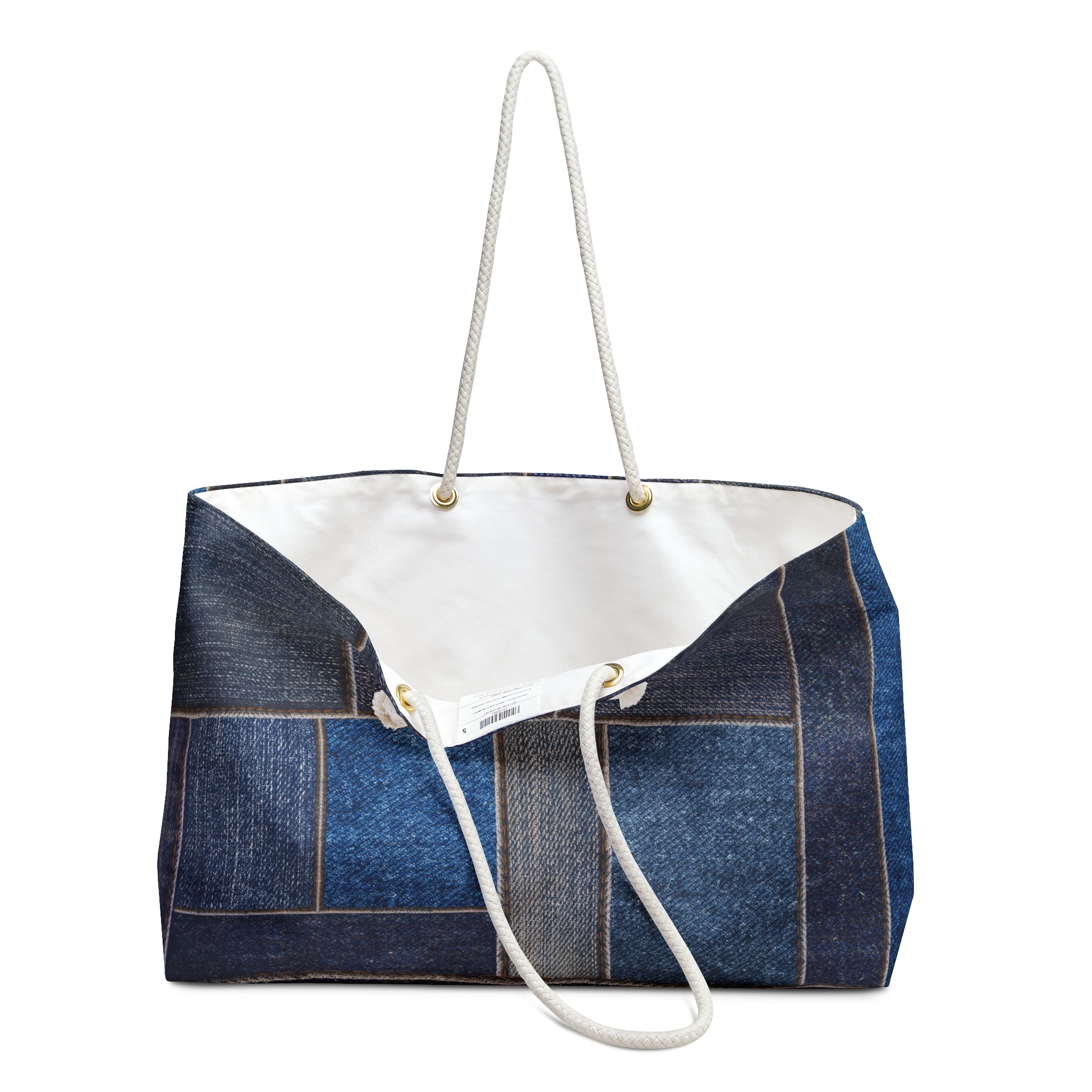 Patchwork Denim Print Packable Oversized Multipurpose Weekender Bag, Carryall Tote, Beach Bag, Blue