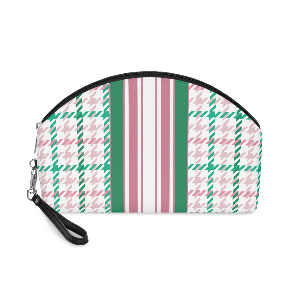 Houndstooth & Stripes Chic Makeup Bag Cosmetic Pouch, Pink/Green