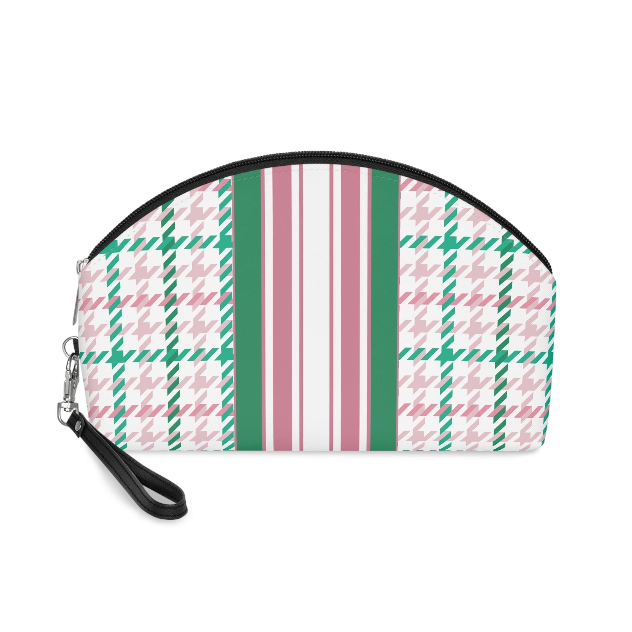 Houndstooth & Stripes Chic Makeup Bag Cosmetic Pouch, Pink/Green