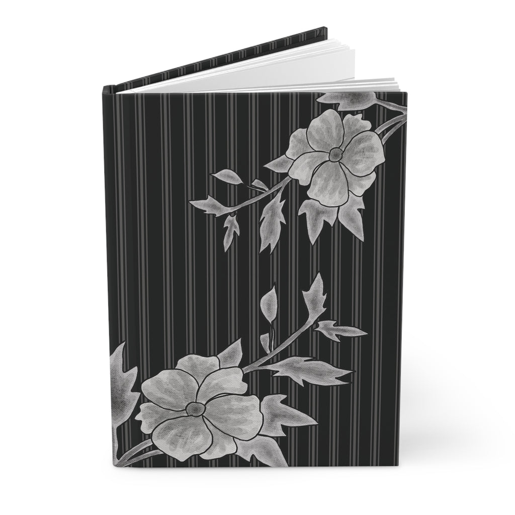 Gray Rose & Pinstripe Bloom Hardcover Journal Lined Notebook for Notes & Planning, Gray/Black