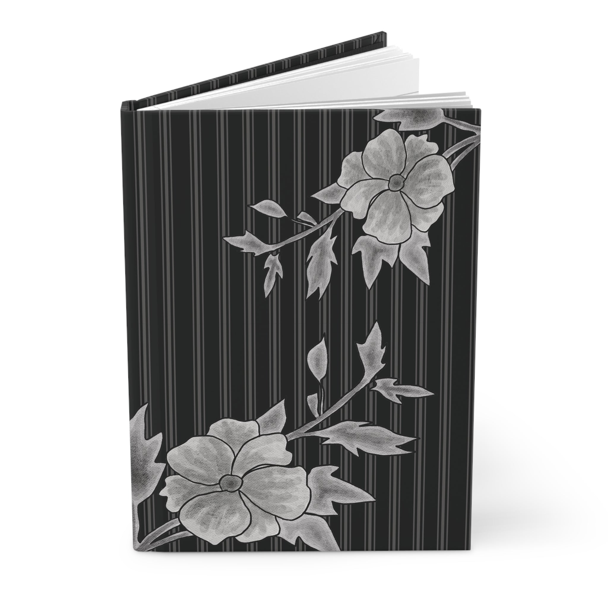Gray Rose & Pinstripe Bloom Hardcover Journal Lined Notebook for Notes & Planning, Gray/Black