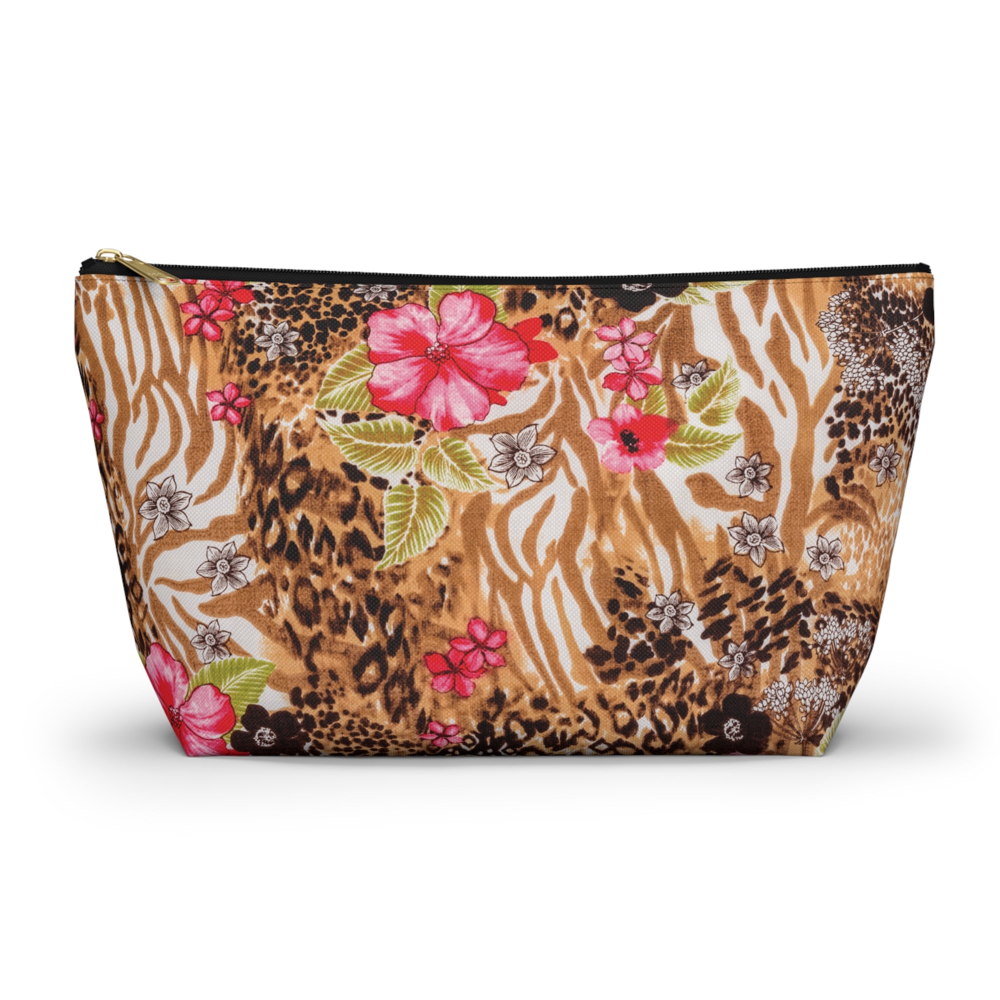 Tropical Leopard Print T-Bottom Multipurpose Organizer Toiletry Travel Pouch, Pink Multicolor