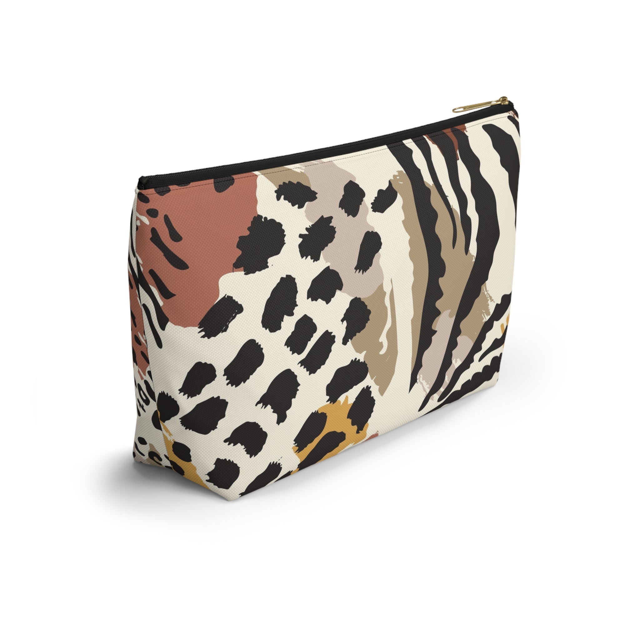 Leopard Zebra Pattern T-Bottom Multipurpose Organizer Toiletry Travel Pouch, Black/Brown/Tan