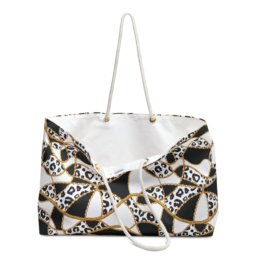 Leopard Chain Pattern Packable Oversized Multipurpose Weekender Bag, Carryall Tote, Beach Bag, Black & Gold