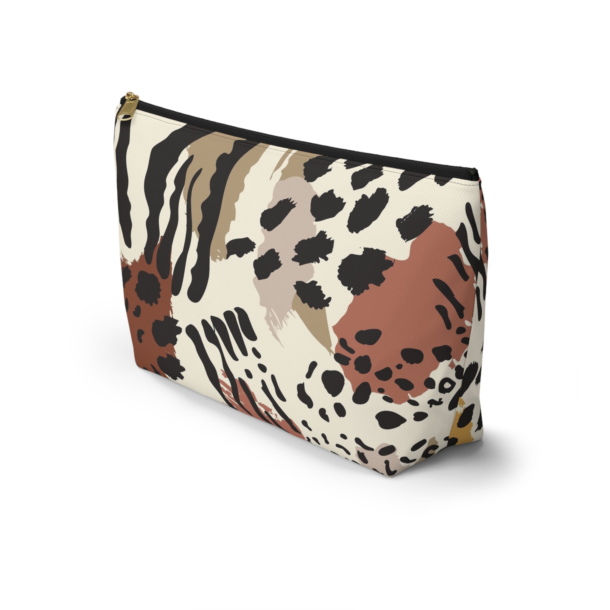 Leopard Zebra Pattern T-Bottom Multipurpose Organizer Toiletry Travel Pouch, Black/Brown/Tan