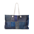 Patchwork Denim Print Packable Oversized Multipurpose Weekender Bag, Carryall Tote, Beach Bag, Blue