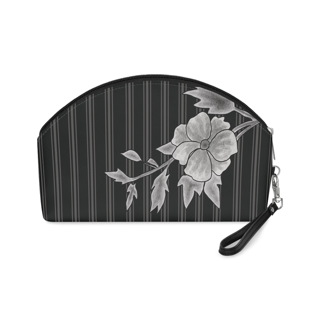 Gray Rose & Pinstripe Collection Chic Makeup Bag, Cosmetic Bag, Gray/Black