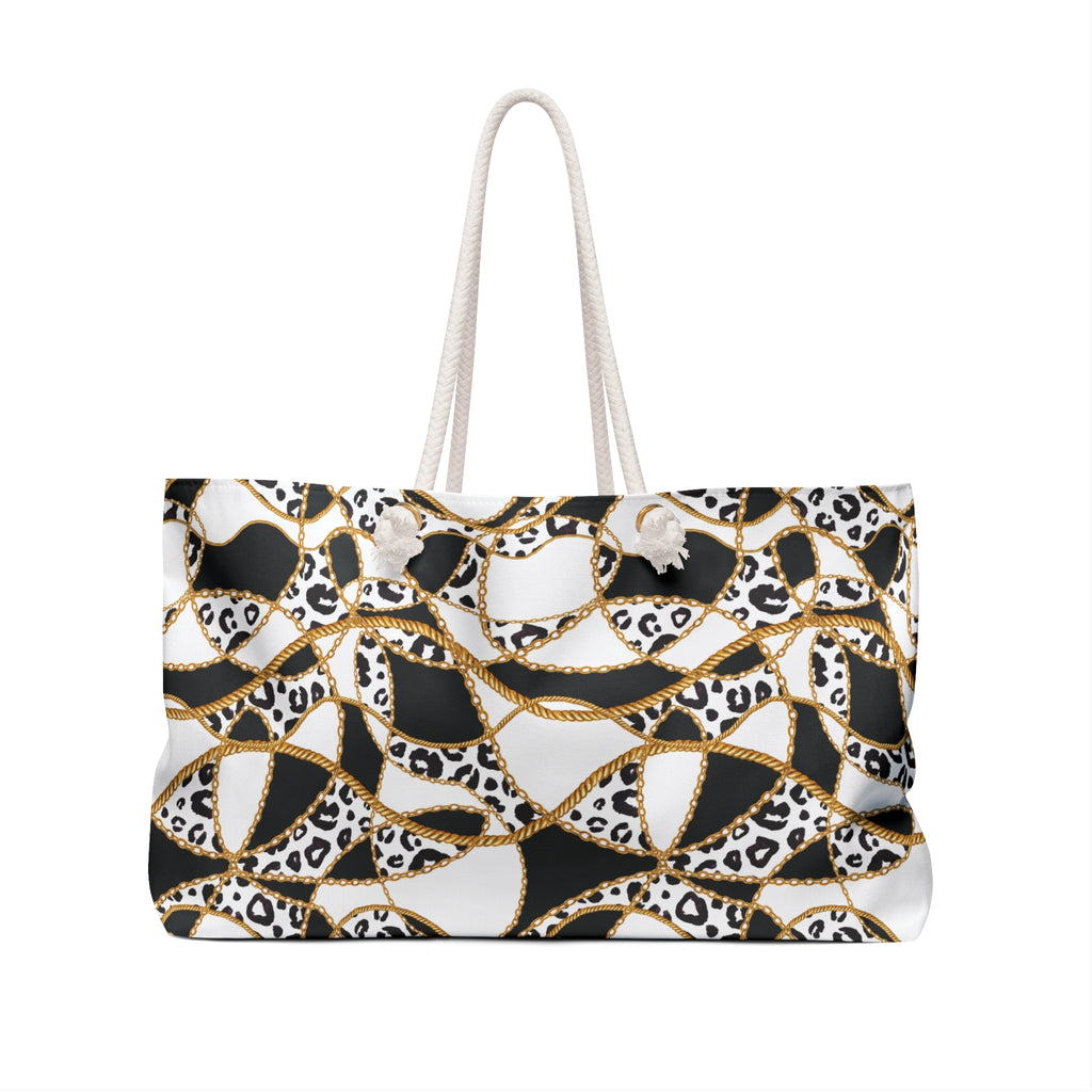 Leopard Chain Pattern Packable Oversized Multipurpose Weekender Bag, Carryall Tote, Beach Bag, Black & Gold