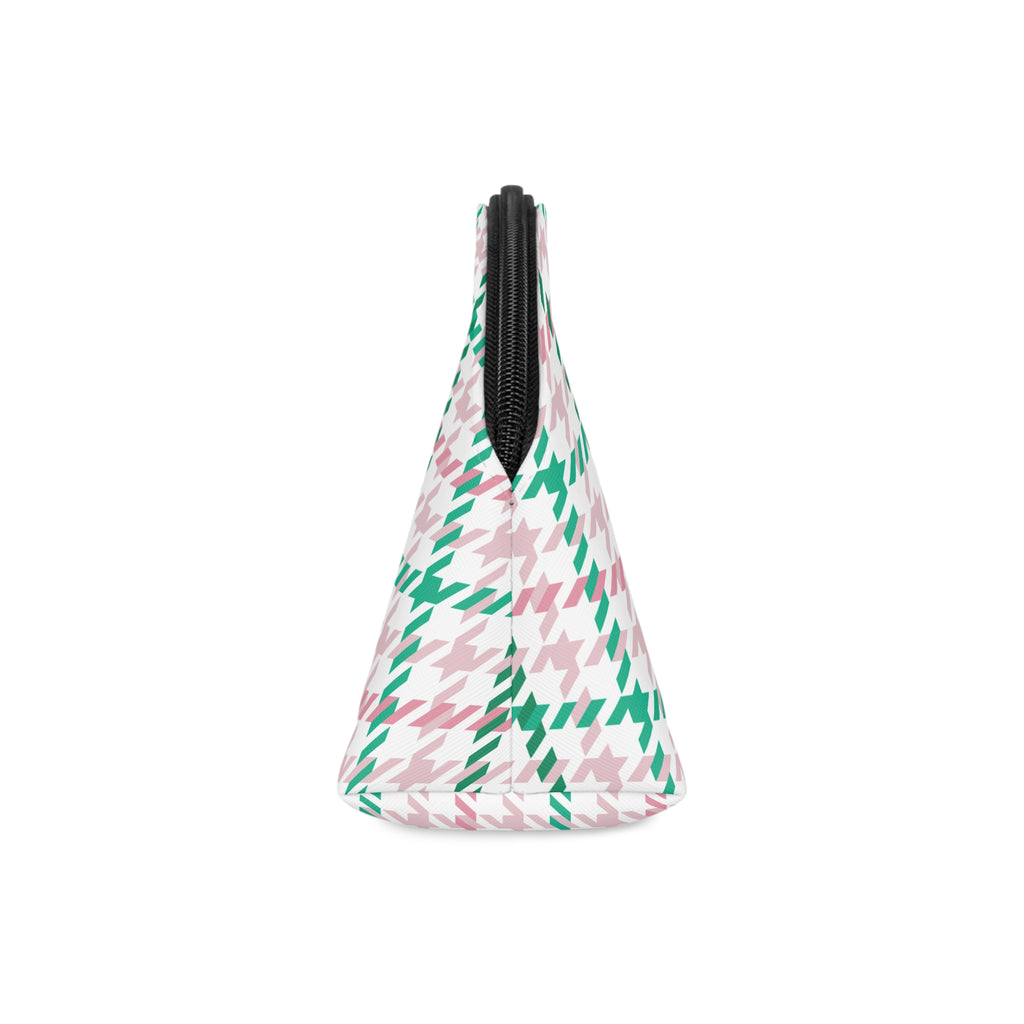 Houndstooth & Stripes Chic Makeup Bag Cosmetic Pouch, Pink/Green