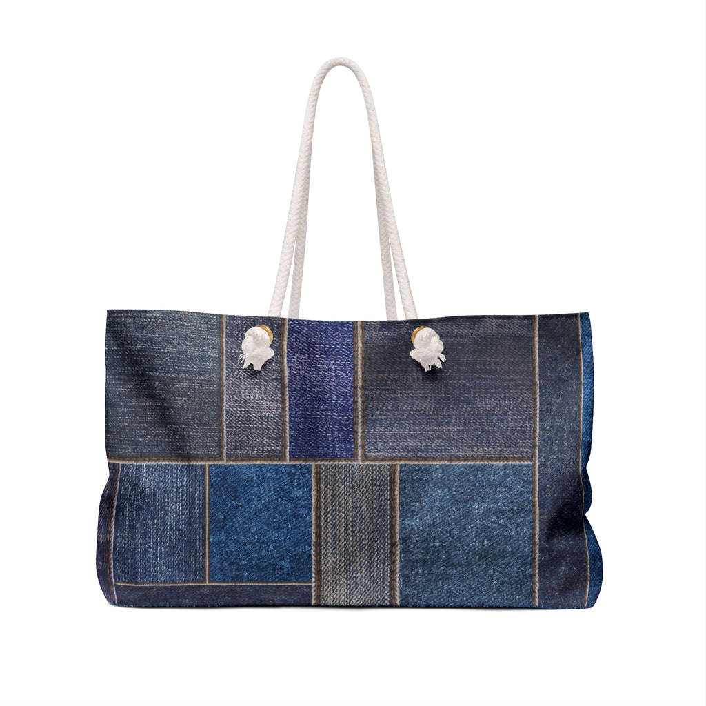 Patchwork Denim Print Packable Oversized Multipurpose Weekender Bag, Carryall Tote, Beach Bag, Blue