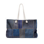 Patchwork Denim Print Packable Oversized Multipurpose Weekender Bag, Carryall Tote, Beach Bag, Blue