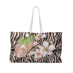 Butterfly Blossom Zebra Print Packable Oversized Multipurpose Weekender Bag, Carryall Tote, Beach Bag, Pink/Black