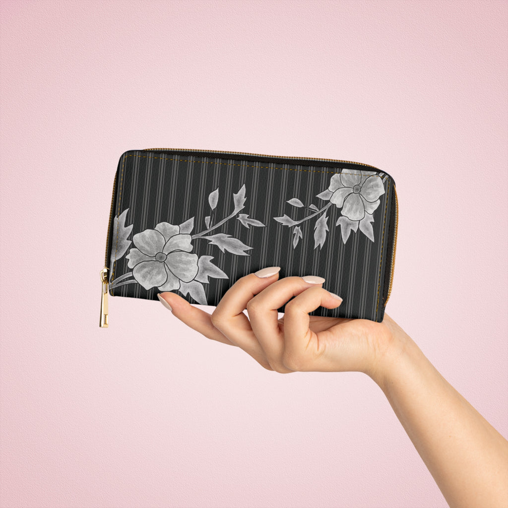 Gray Rose & Pinstripe Zipper Wallet, Black/Gray