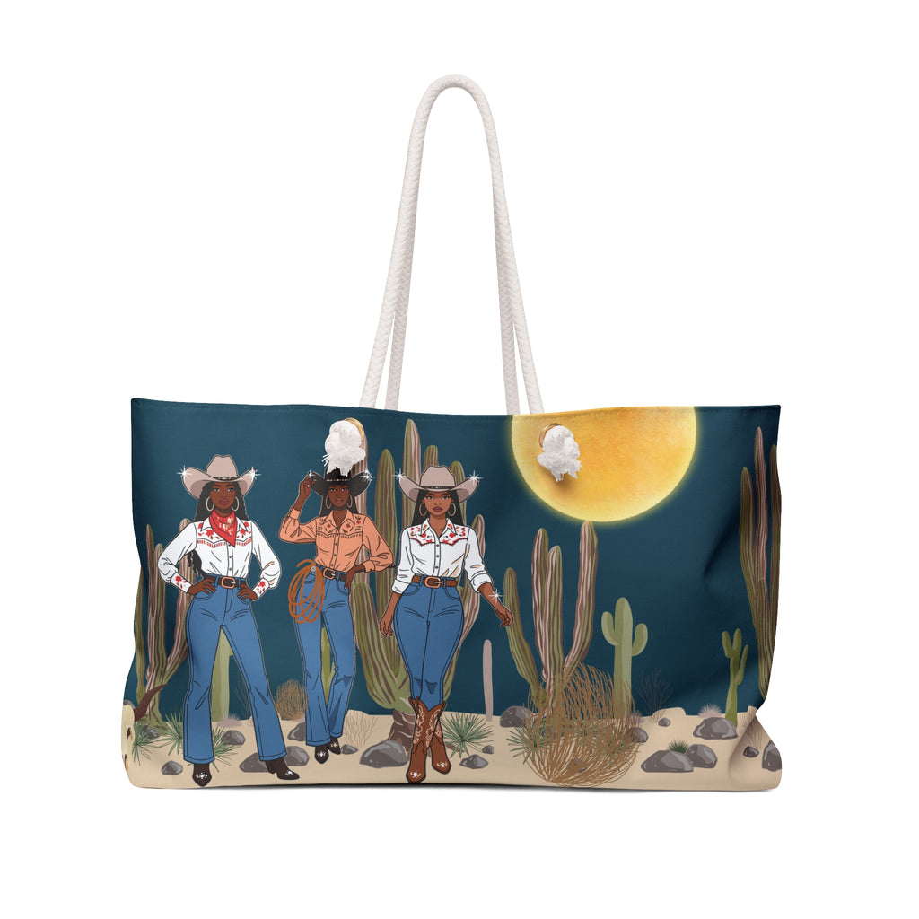 Cowgirl Trio Desert Sunset Packable Oversized Multipurpose Weekender Bag, Carryall Tote, Beach Bag, Teal Blue