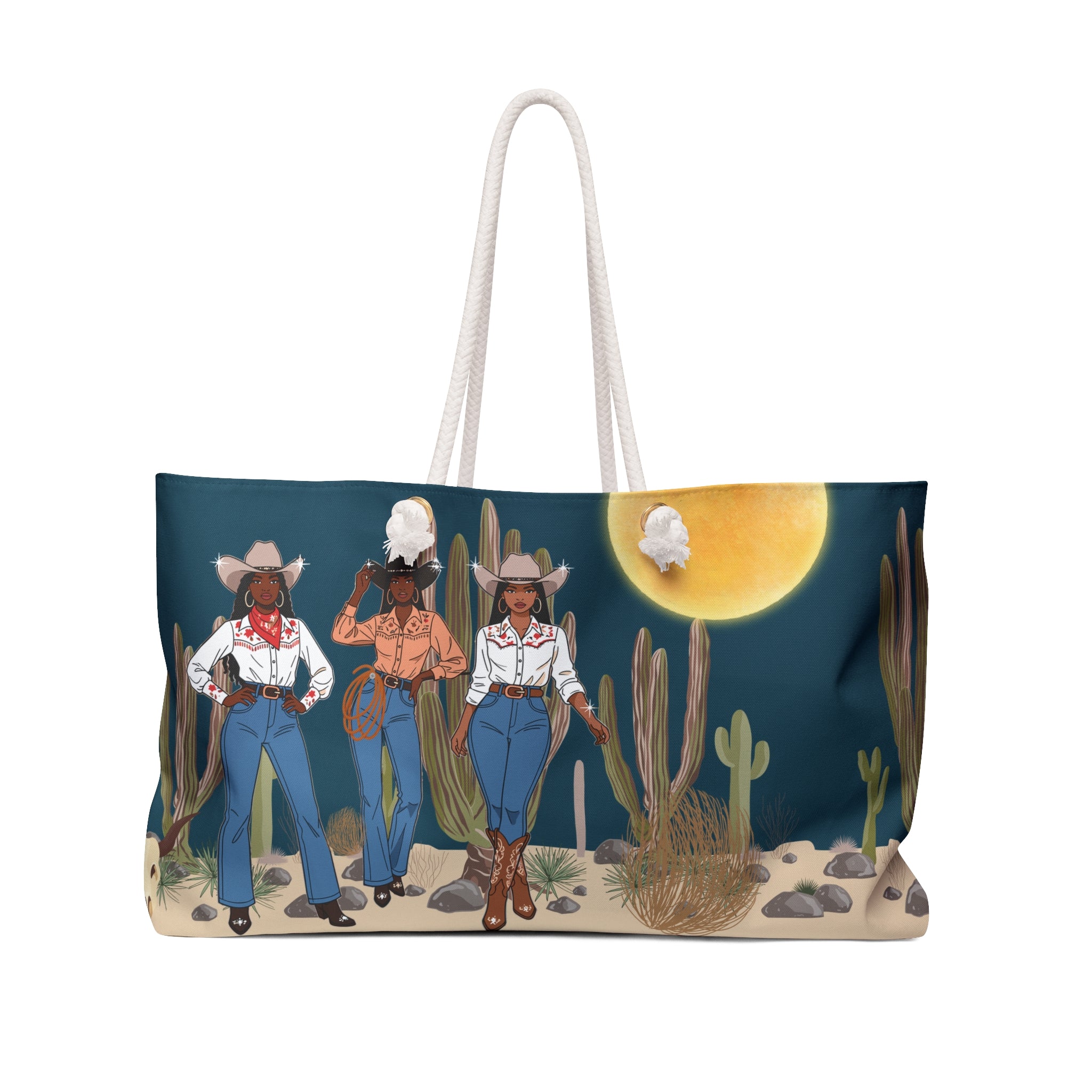 Cowgirl Trio Desert Sunset Packable Oversized Multipurpose Weekender Bag, Carryall Tote, Beach Bag, Teal Blue