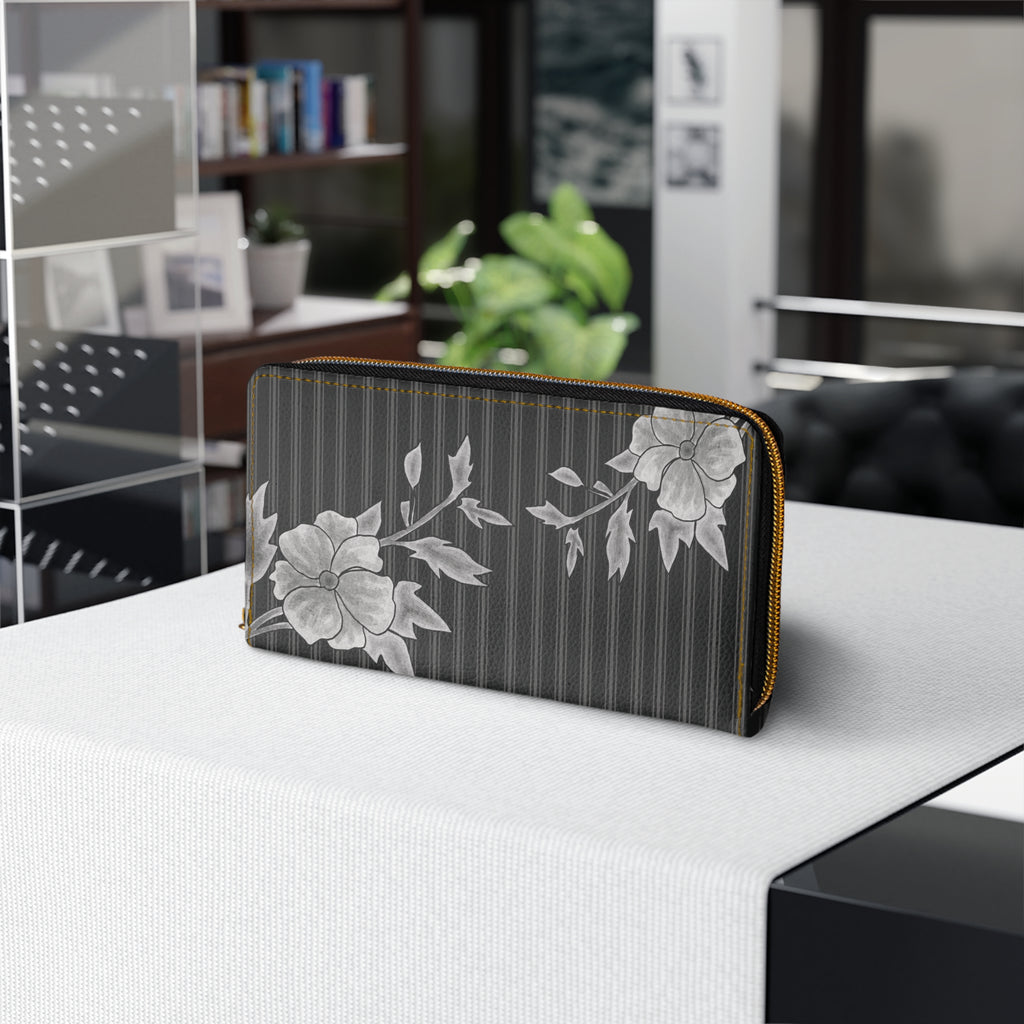 Gray Rose & Pinstripe Zipper Wallet, Black/Gray