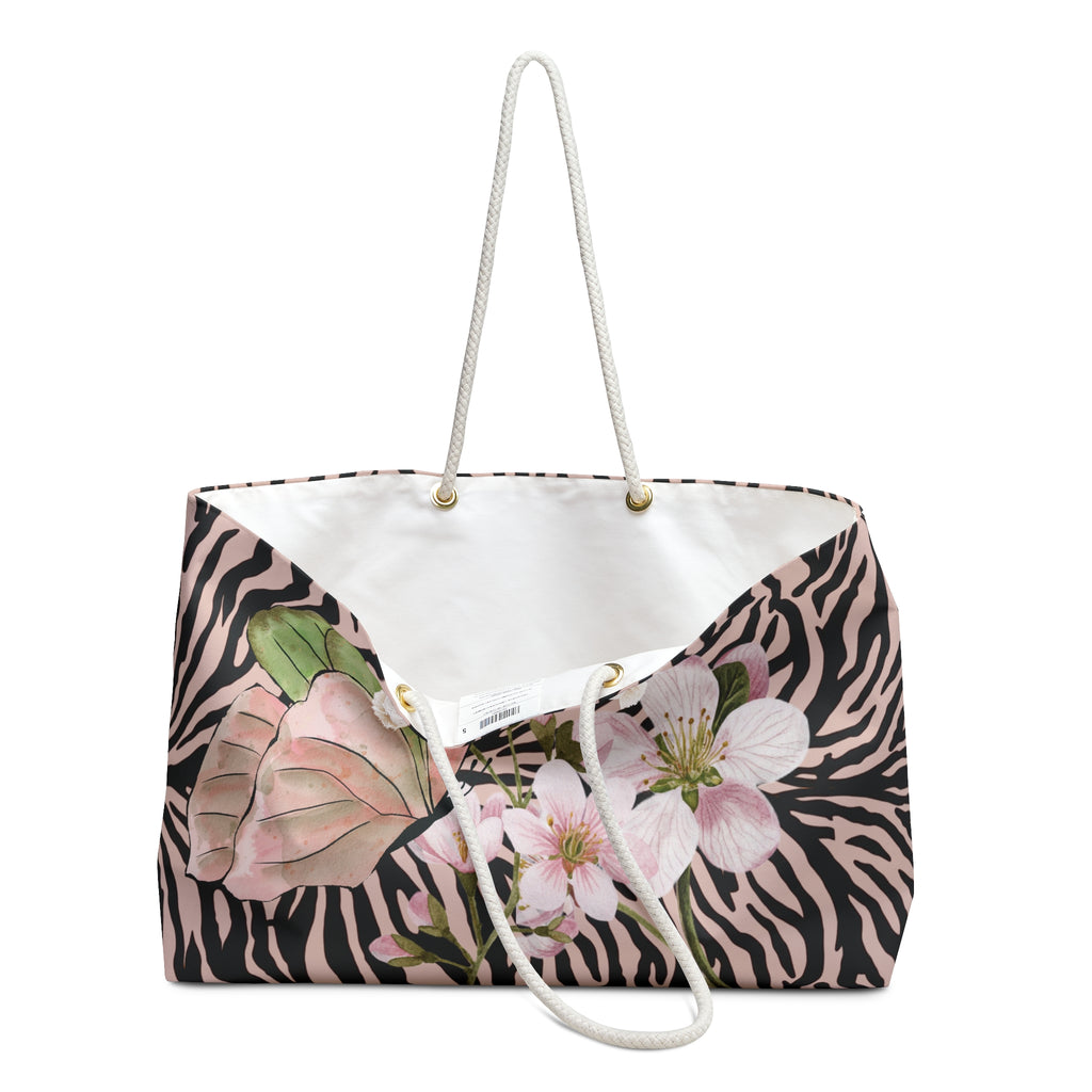 Butterfly Blossom Zebra Print Packable Oversized Multipurpose Weekender Bag, Carryall Tote, Beach Bag, Pink/Black