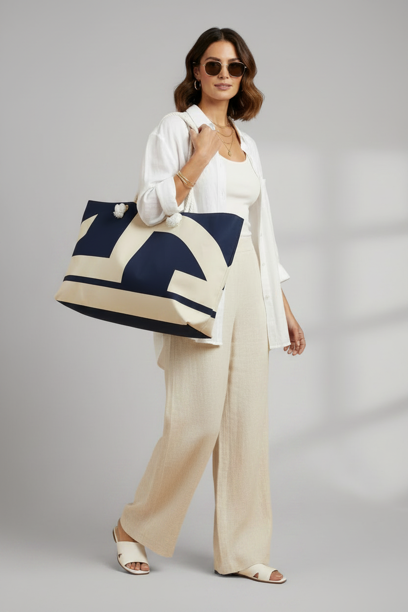Signia Block Packable Tote, Navy & Cream