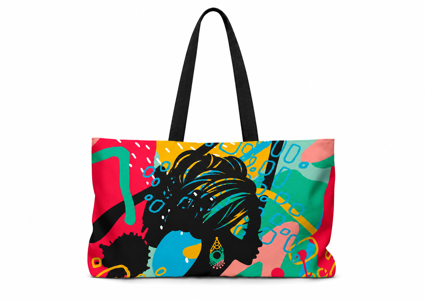 A tote bag with black shoulder straps, featuring a vibrant, multicolored abstract graphic print of a woman's silhouette in black with turquoise, yellow, pink, and teal details, set against a plain white background.